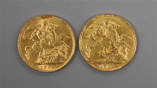 Two Edward VII gold sovereigns, 1908 and 1909, VF